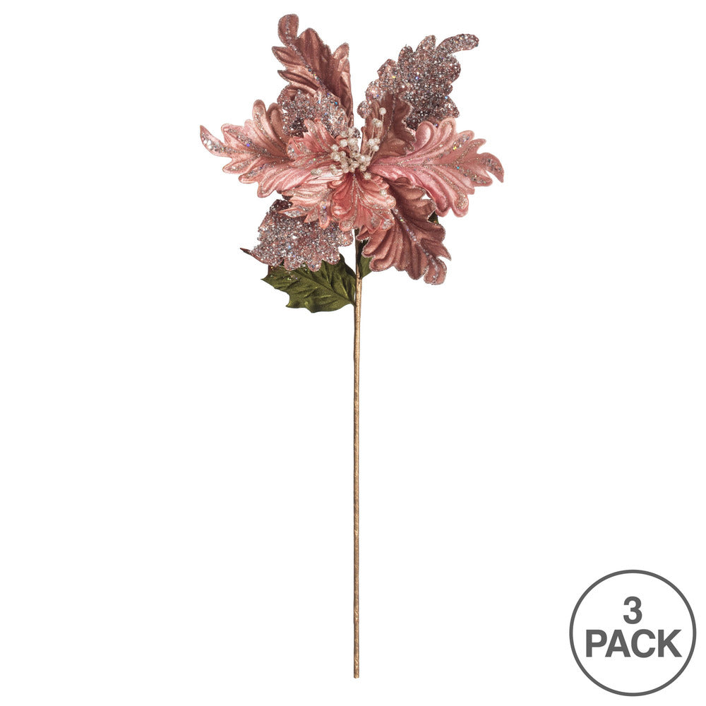 Vickerman 20" Rose Gold Glitter Poinsettia Artificial Christmas Stem Pack of 3