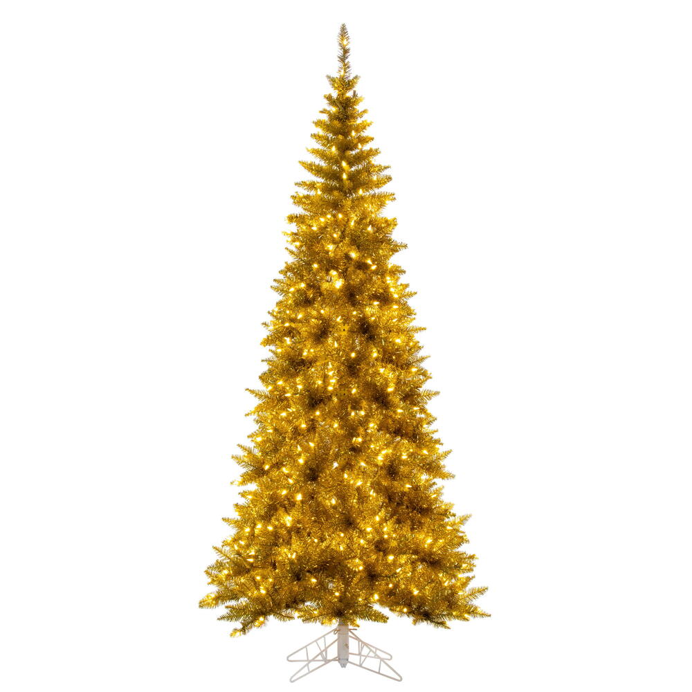 Vickerman 5.5' x 30" Slim Gold Tinsel Artificial Pre-Lit Christmas Tree with Warm White LED Mini Lights