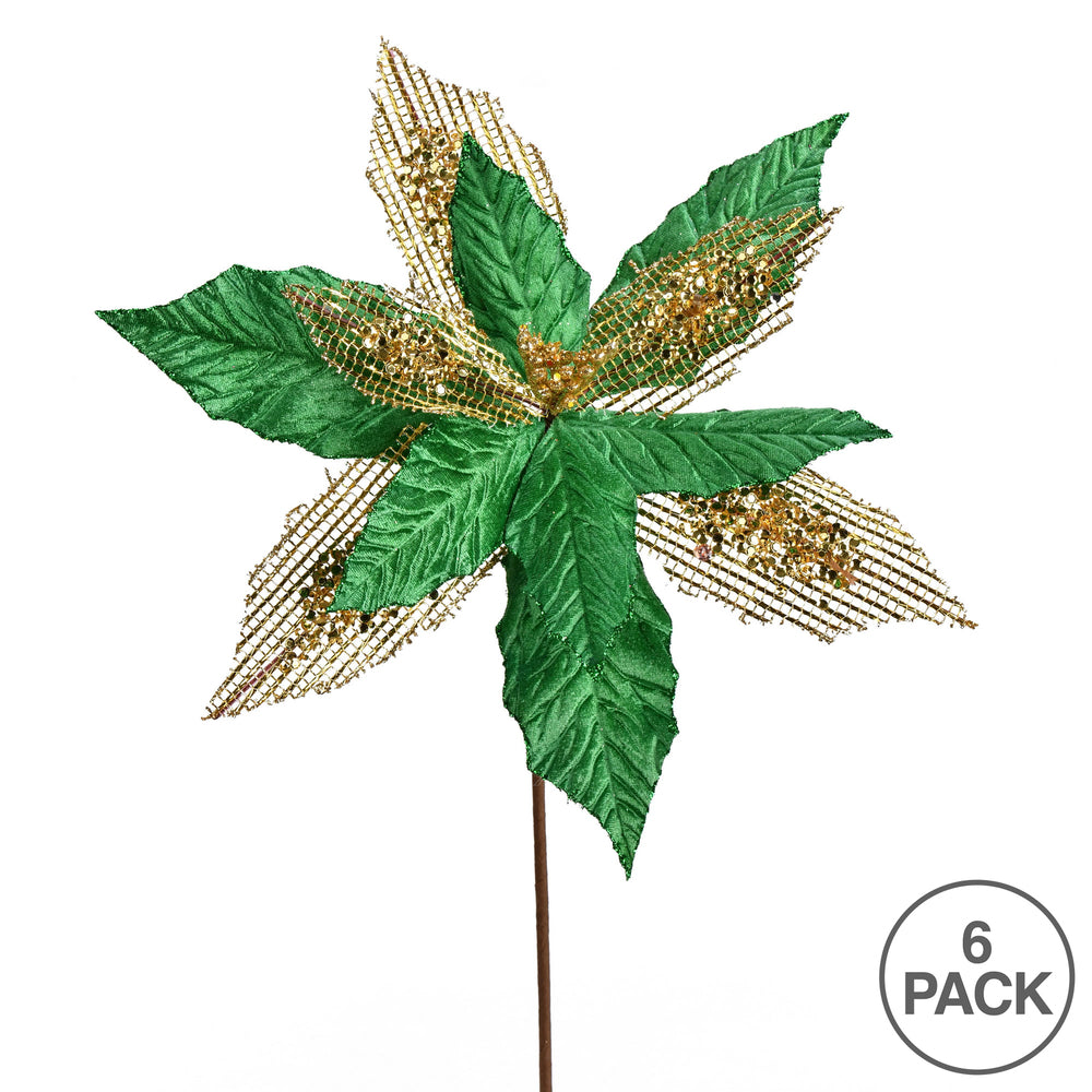 Vickerman 13" x 23" Green Poinsettia Mesh Glitter Artificial Christmas Spray. Includes 6 sprays per pack.