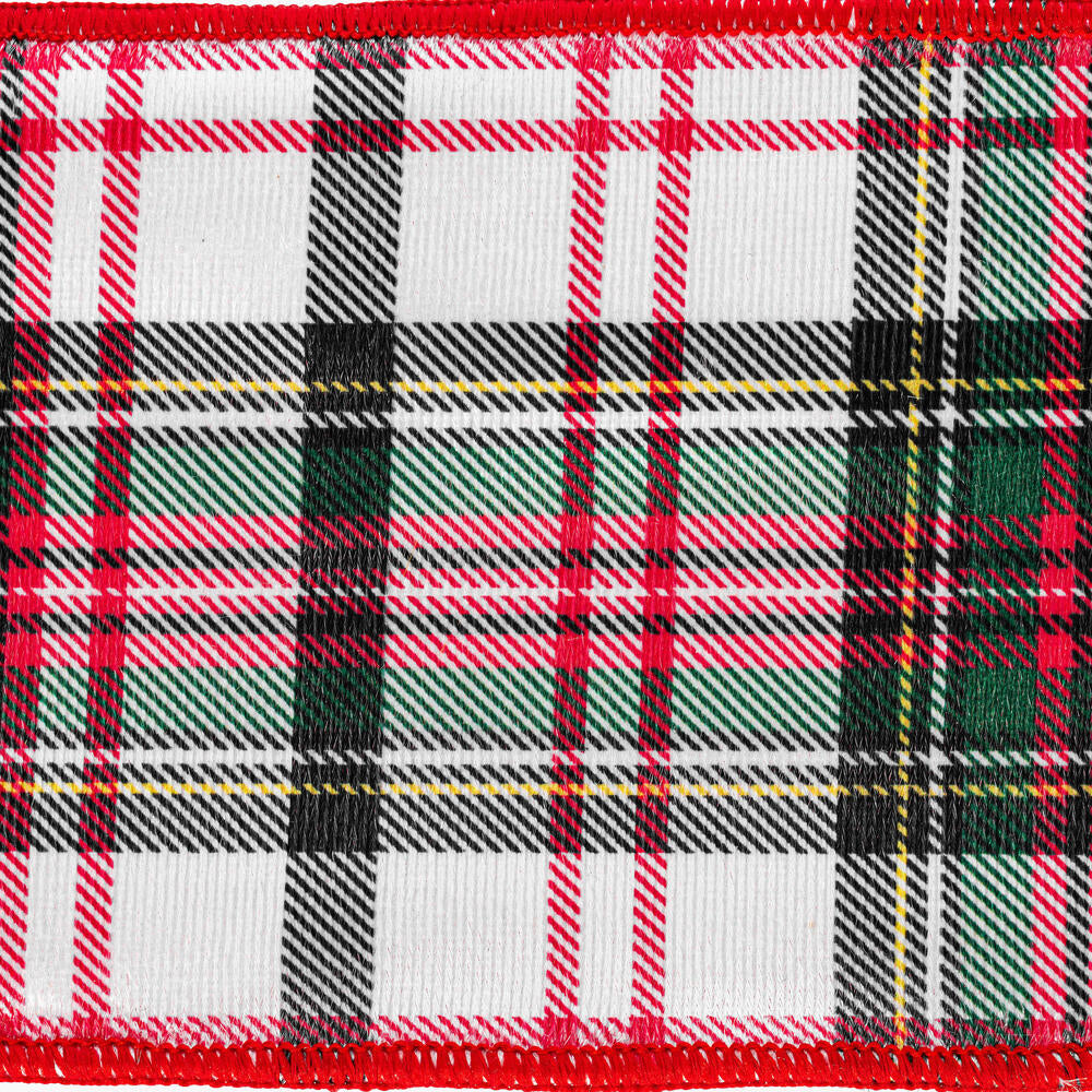 Vickerman 4" x 10 Yards White/Red/Green Plaid Wired Edge Christmas Ribbon.