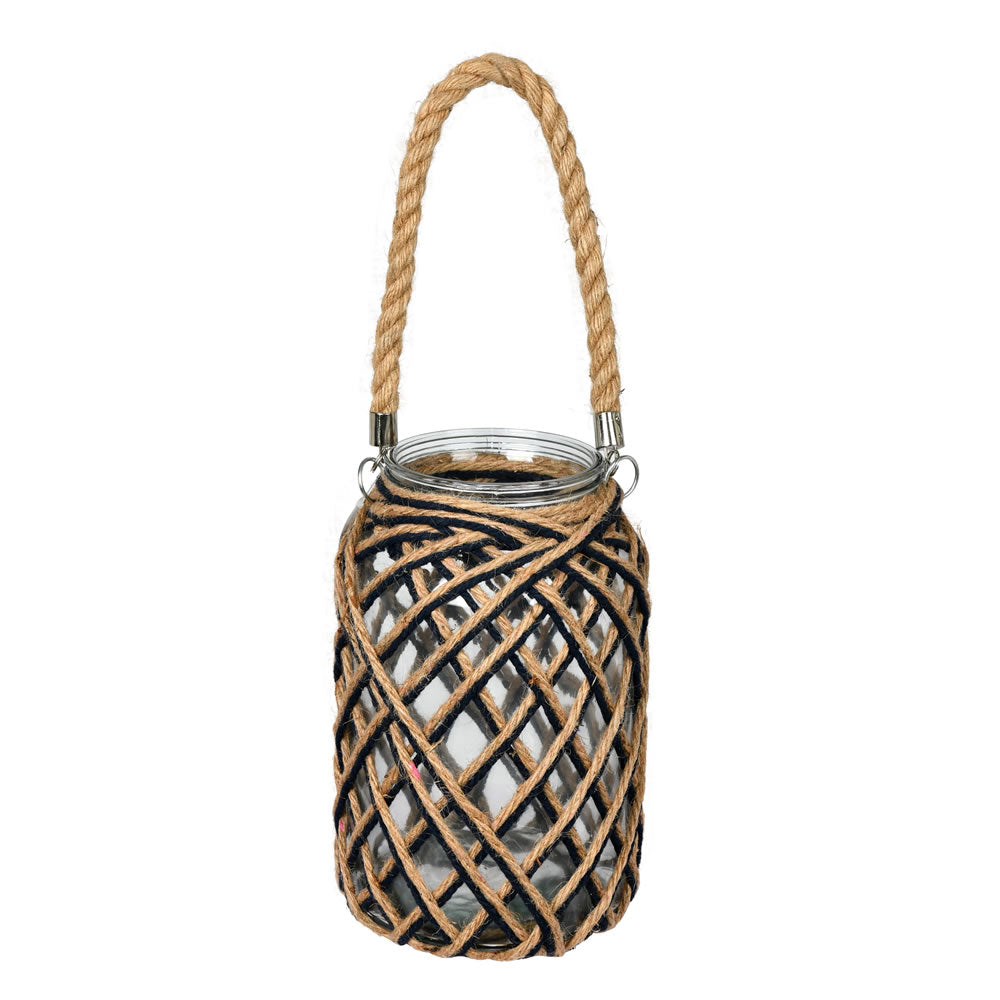 Vickerman 10.5" Glass Jar in Woven Jute Handle. This glass jar is wrapped in natural tone and black jute in a diamond pattern. It features a jute handle for easy hanging. It measures 10.5" H x 6.5" W. 70% GLASS 30% JUTE