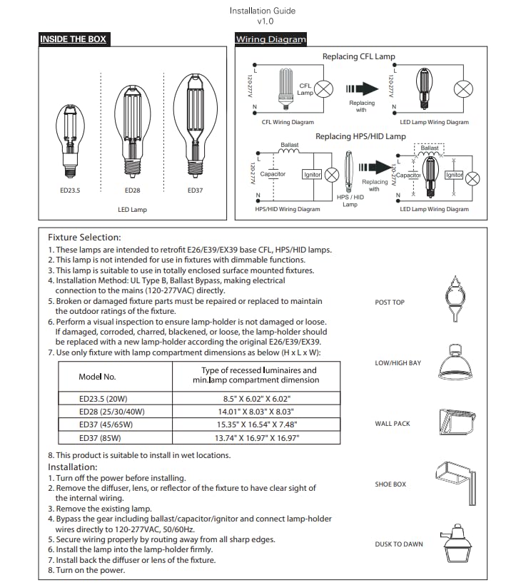 Damar- ED28 LED Filament Light Bulb Ballast Bypass Type B EX39 Mogul Base 40W 7500 High Lumen 5000K Bright White 120-277VAC Pack of 6- Edison Replacement MHL/CFL/Corn Bulb for Workshop Warehouse