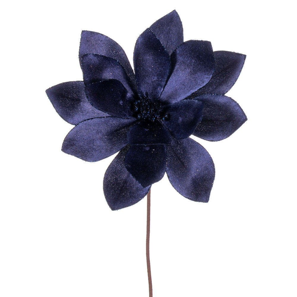 Vickerman 22" Midnight Blue Velvet Sheen Glitter Trim Poinsettia Stem 4 per bag.