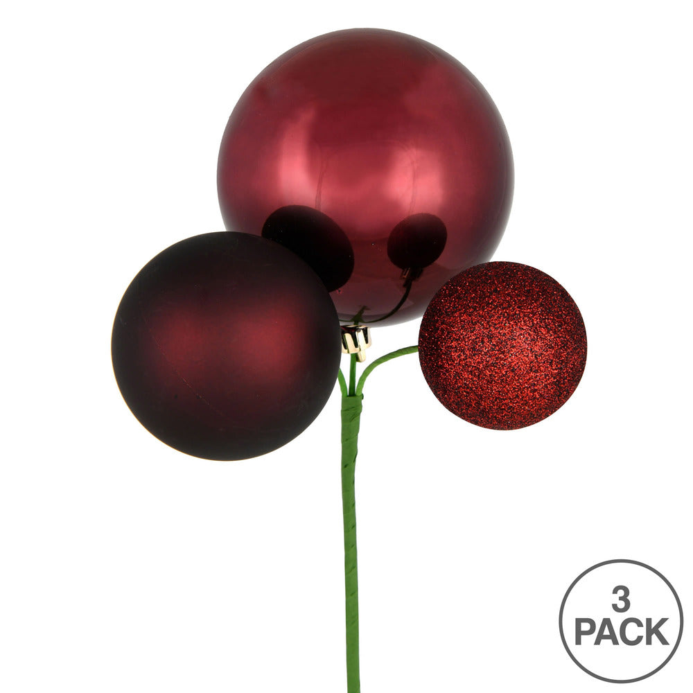 Vickerman 18" Burgundy Ball Ornament Christmas Pick Set of 3