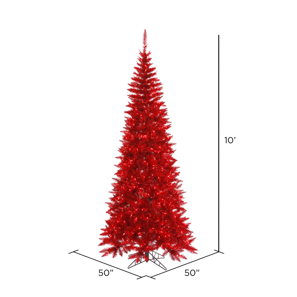 Vickerman 10' Tinsel Red Fir Slim Artificial Christmas Tree Red Dura-lit LED Lights