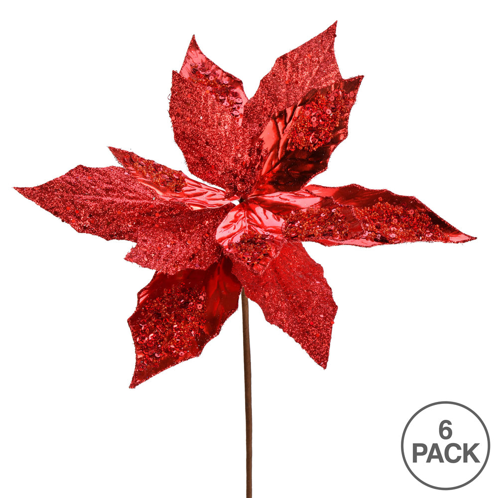 Vickerman 13" x 22" Red Poinsettia Sequin Artificial Christmas Spray. Includes 6 sprays per pack.