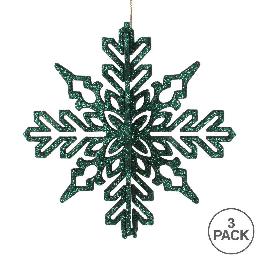 Vickerman 6" Emerald 3D Glitter Snowflake Christmas Ornament Set of 3