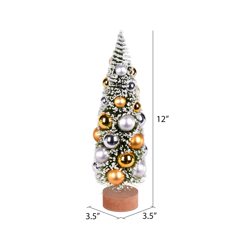 Vickerman 12" Vintage Tabletop Frosted Green Artificial Christmas Tree Silver and Gold Ornament