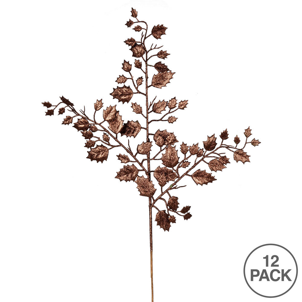 Vickerman 27" Chocolate Glitter Holly Leaf Artificial Christmas Spray. Includes 12 sprays per pack.