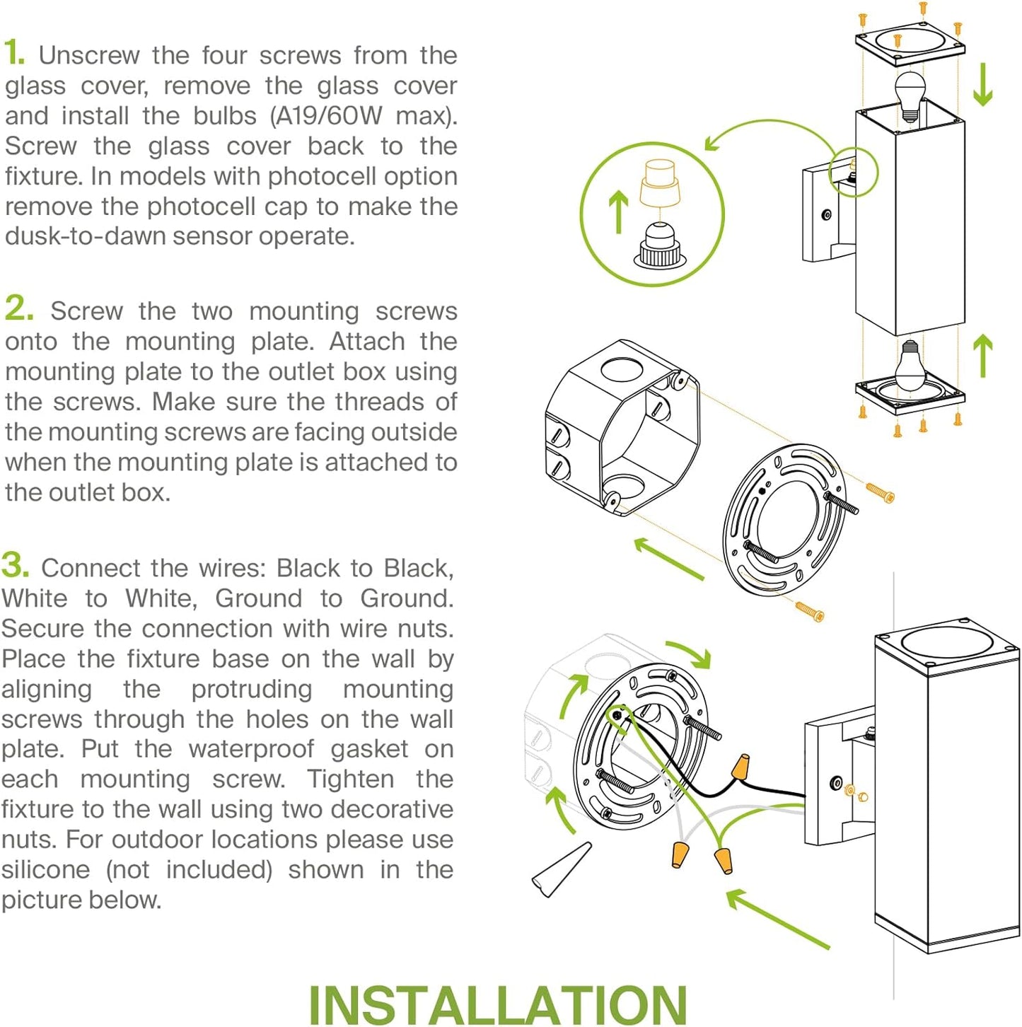 ASD Lighting BULB Square Outdoor Wall Cylinder, Up or Downlight Fixture, 120V, 60W Max, 7.88", 50°, Black Finish, 2Pack