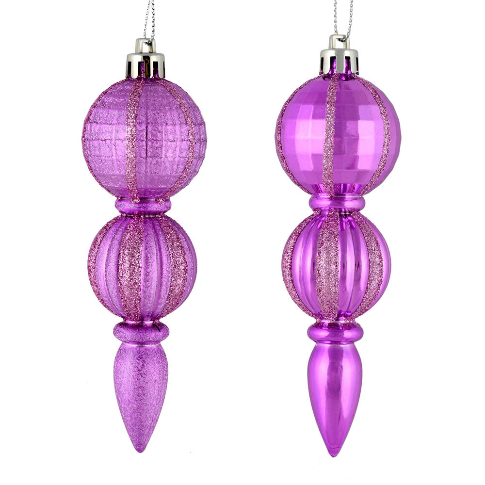 Vickerman 5" Orchid Glitter Finial Asst 6/Bx. This assortment of 6 ornaments features glitter and matte finishes. This assorted set will add sparkle to any holiday decorating project.