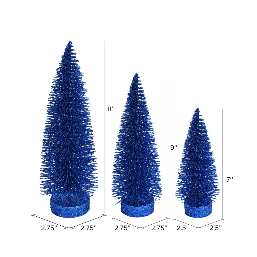 Vickerman 7"-9"-11" Midnight Blue Glitter Oval Pine Artificial Christmas Tree Set of 3