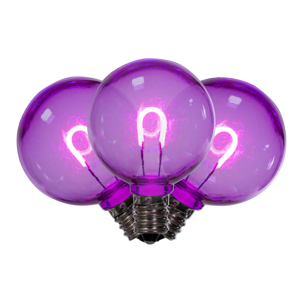 Vickerman G40 Transparent U-Shaped Filament Purple Bulb, E12 Base, .6 Watts, 25 Pcs Assorted/Bag. Colors included are Blue, Red, Green, Purple and Amber.