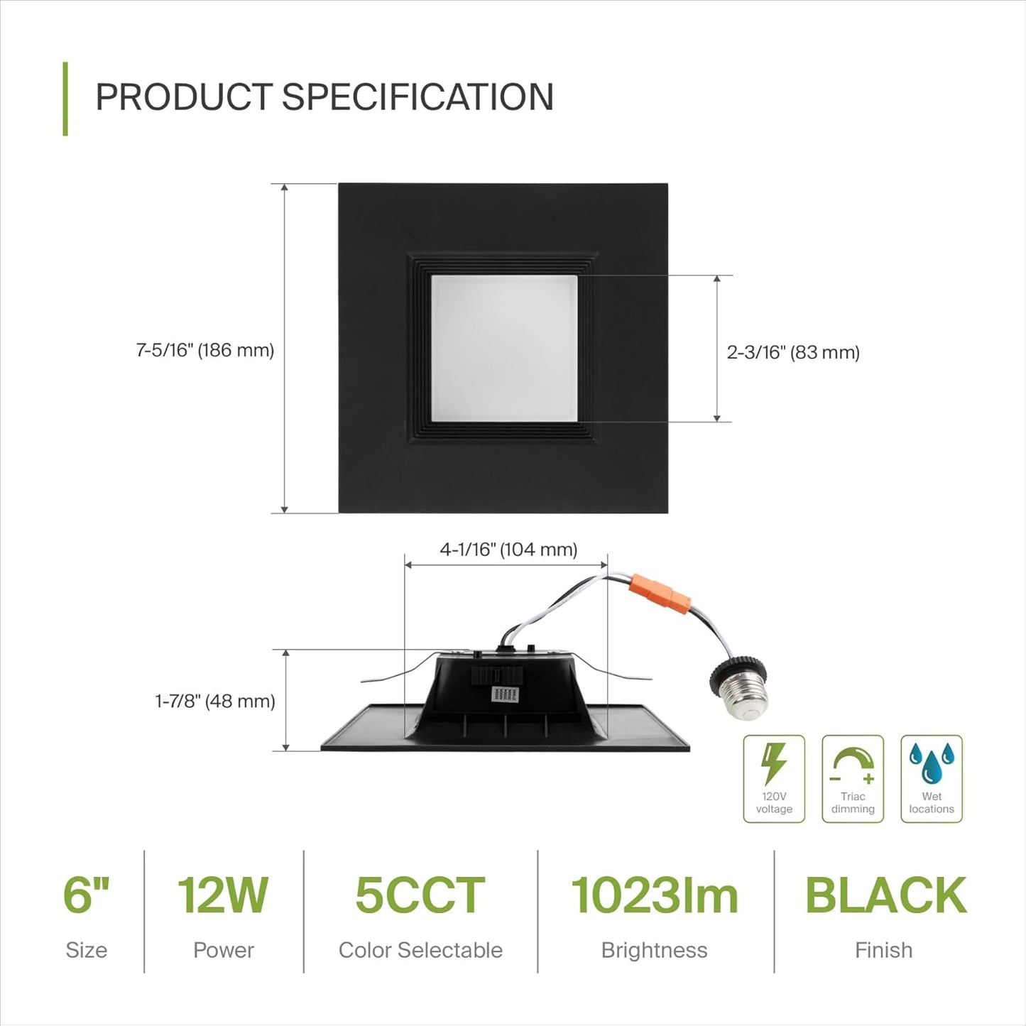 ASD Lighting LED Square Downlight Retrofit Kit 6" 12W 120V CCT Selectable 2700/3000/3500/4000/5000K Dimmable PC, Baffle Trim, Black UL 6pack