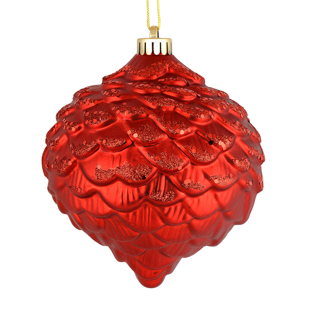 Vickerman 6" Copper Glitter Ornament. This ornament features a matte embossed top with glitter accents and a shiny bottom. The variety of finishes on this ornament creates elegance that will complement any holiday decorating project. Made with shatterproo