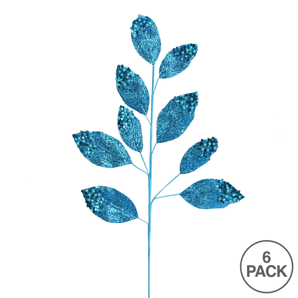 Vickerman 29" Turquoise Glitter Leaf Artificial Christmas Spray. Includes 6 sprays per pack.