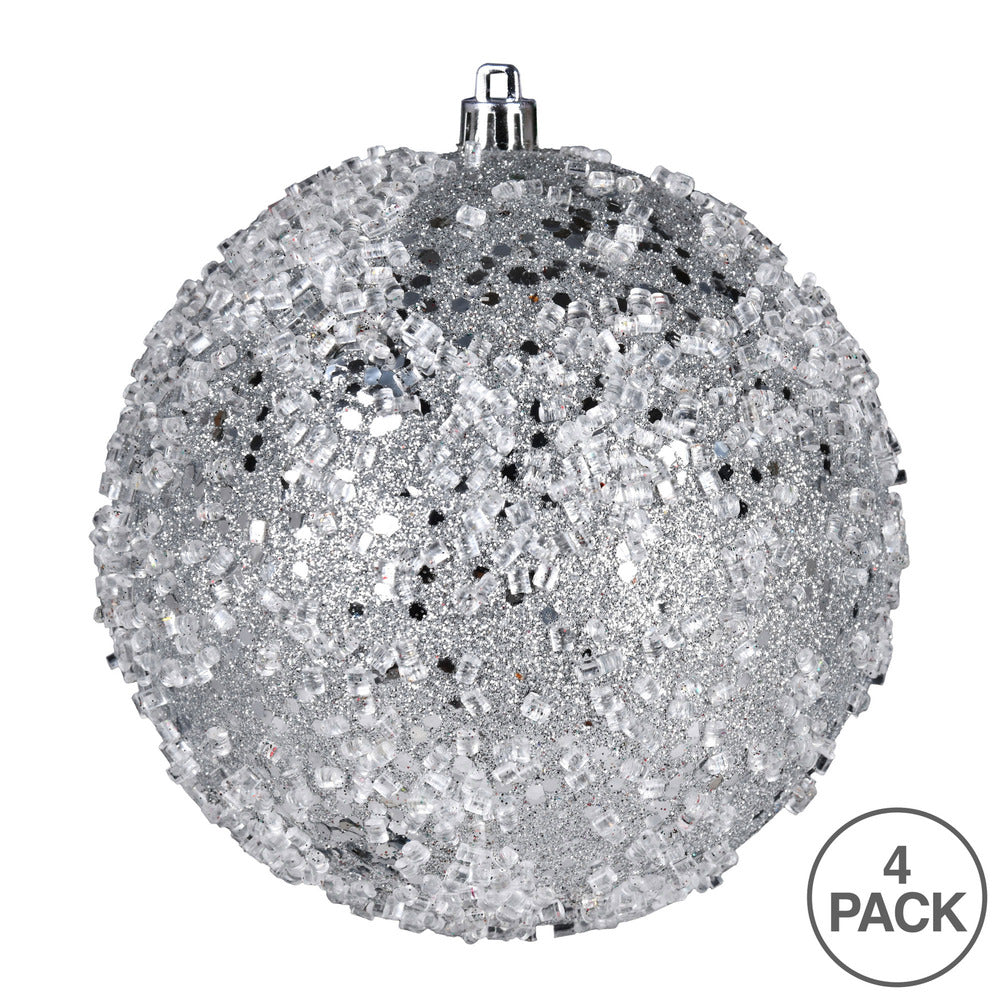 Vickerman 6" Silver Glitter Hail Ball Ornament 4 per Bag