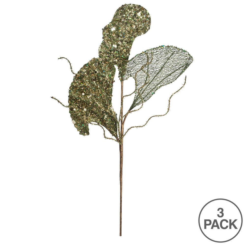 Vickerman 20" Green Fiddle Leaf Glitter Artificial Christmas Spray. Includes 3 sprays per pack.