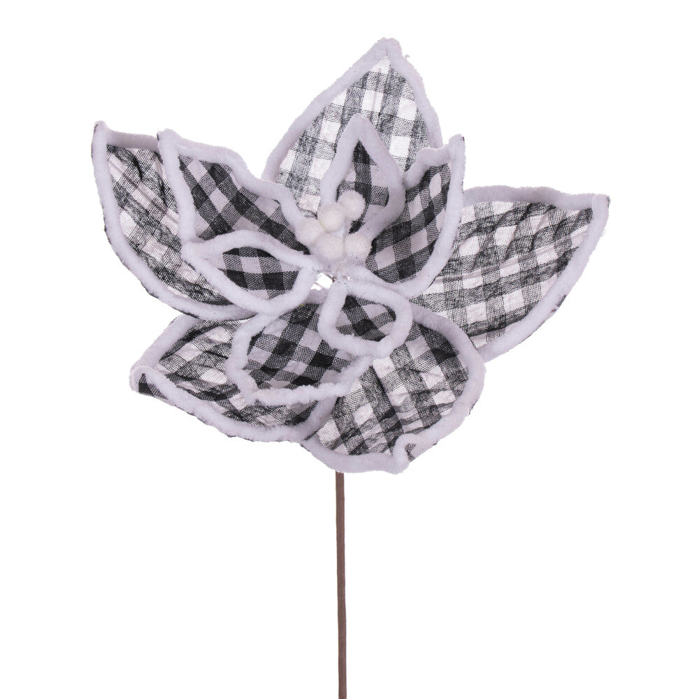 Vickerman 11" Black and White Plaid Flower with White Outline on Stem 6 per bag.