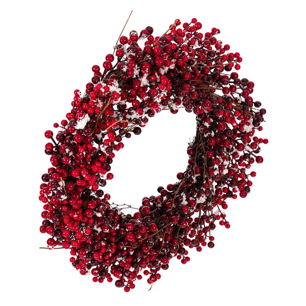 Vickerman 24" Red Snow Berry Wreath. This berry wreath is dusted with artificial snow.