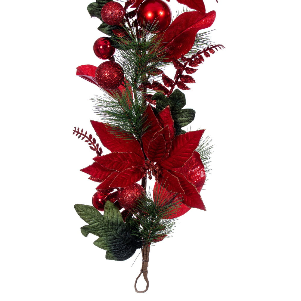 Vickerman 72" Merry Red Poinsettia Ball and Fern Decorated Garland.