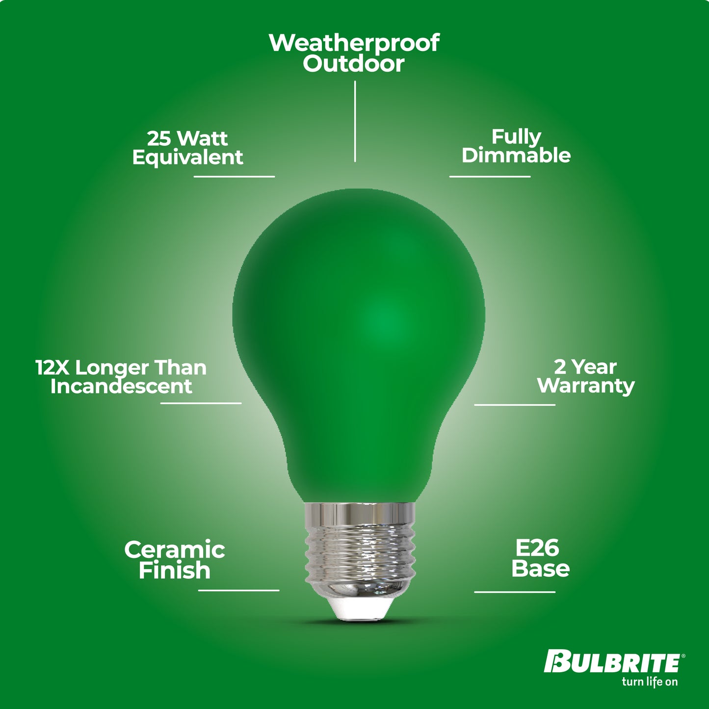 Bulbrite 776108 25-Watt Equivalent Ceramic Green Color A19 Weatherproof Outdoor E26 Medium Base LED Light Bulb