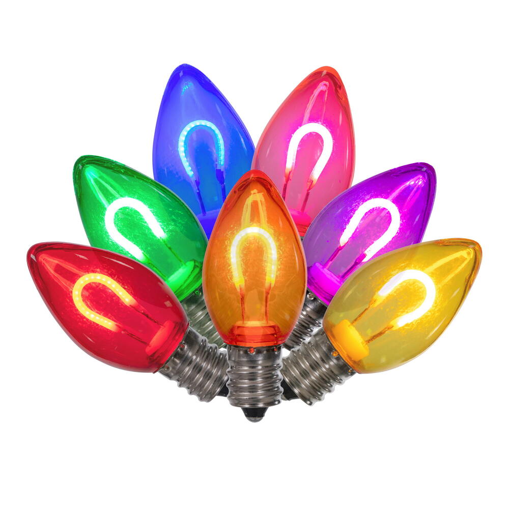 Vickerman C7 Transparent U-Shaped Filament Multi Bulb, E12 Base, .6 Watts, 25 Pcs Assorted/Bag. Colors included are Blue, Red, Green, Purple and Amber.