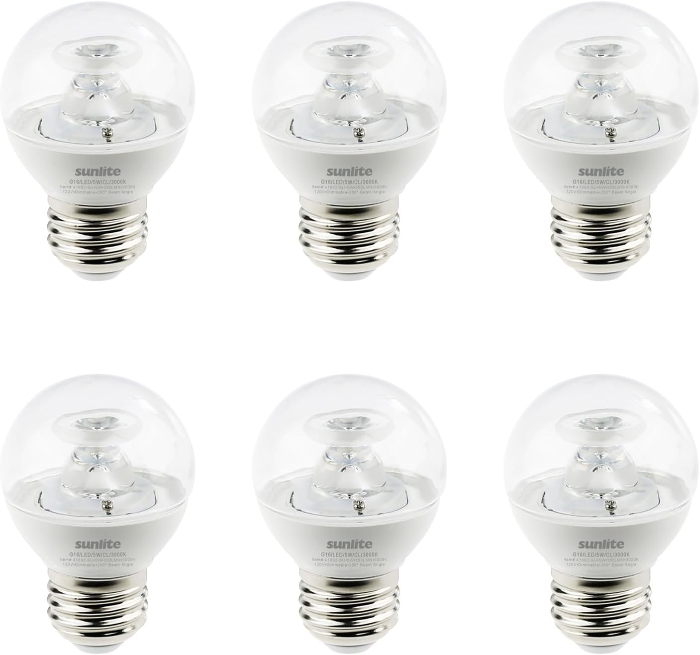 Sunlite 41892 LED G16 Decorative Clear Globe Light Bulb, 5 Watts (40W Equivalent), 350 Lumens, Dimmable, Medium E26 Base, 120 Volts, ETL Listed, 260 Degree Beam Angle, 3000K Warm White, 6 Pack