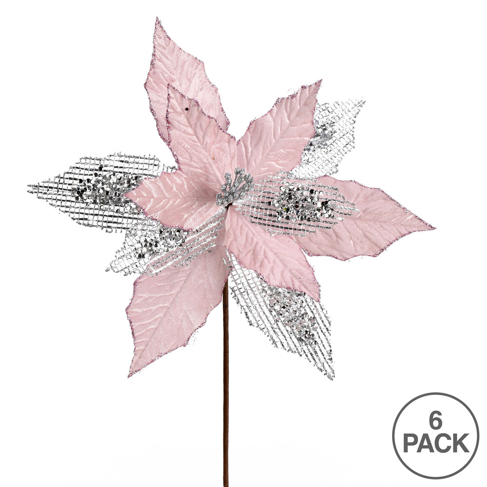 Vickerman 13" x 23" Pink Poinsettia Mesh Glitter Artificial Christmas Spray. Includes 6 sprays per pack.