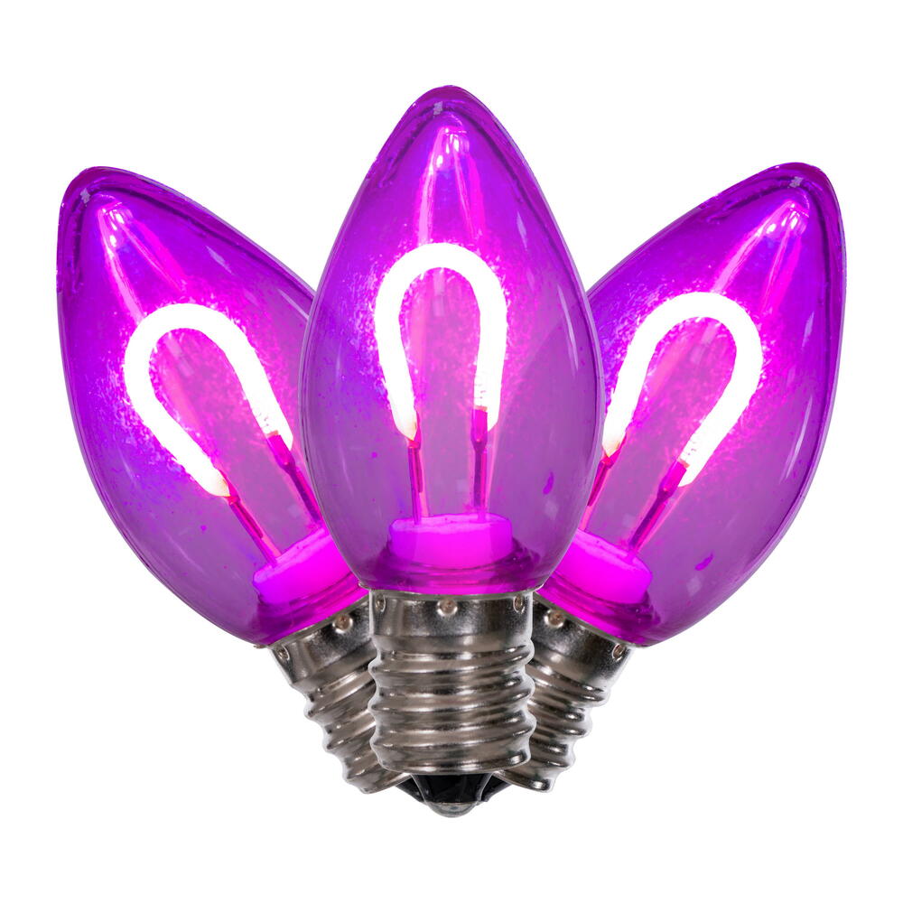 Vickerman C7 Transparent U-Shaped Filament Purple Bulb, E12 Base, .6 Watts, 25 Pcs Assorted/Bag. Colors included are Blue, Red, Green, Purple and Amber.