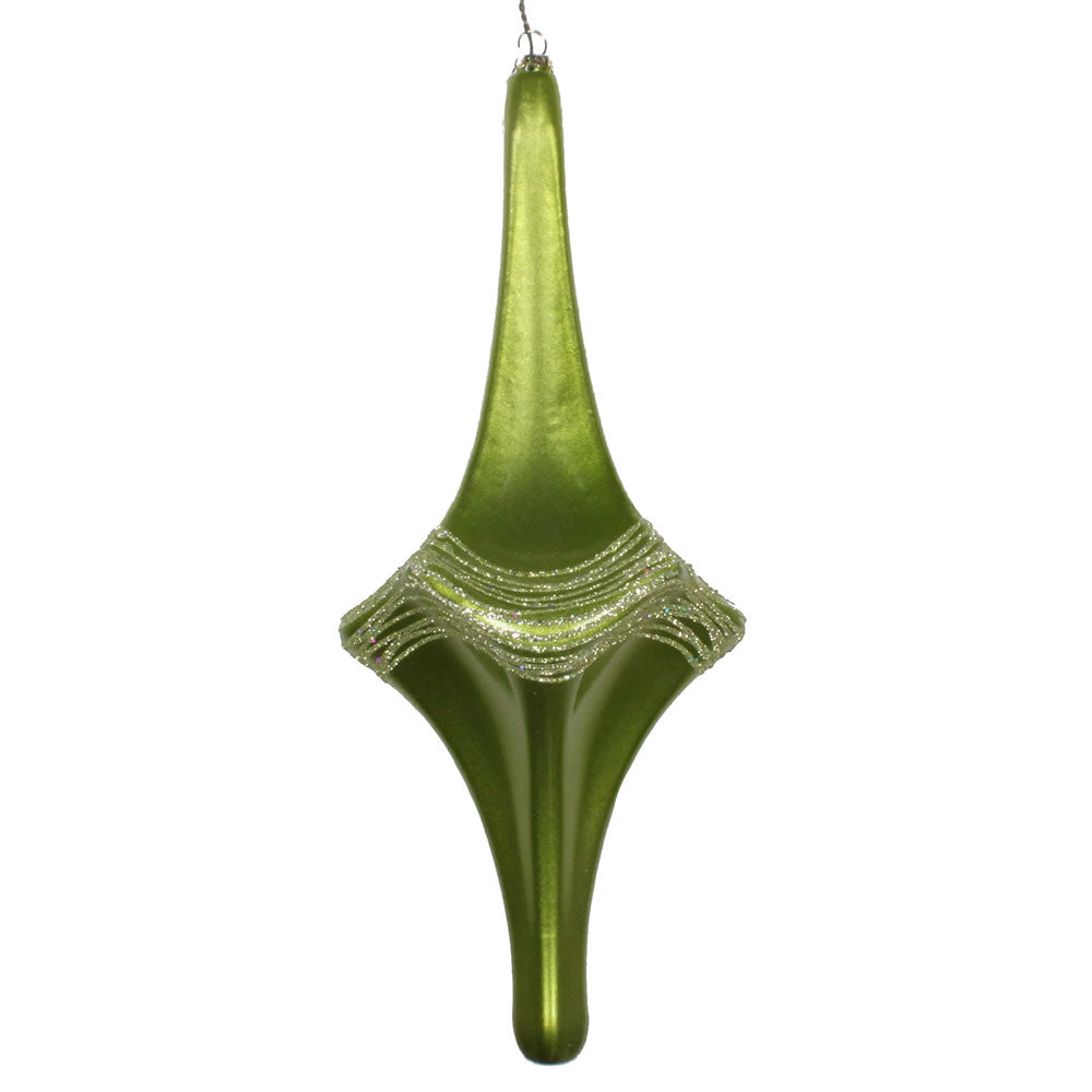 Vickerman 12" Celadon Candy Glitter Drop Ornament. This ornament is the perfect addition to any holiday decorating project. Each ornament features a drilled cap with threaded wire for easy decorating.