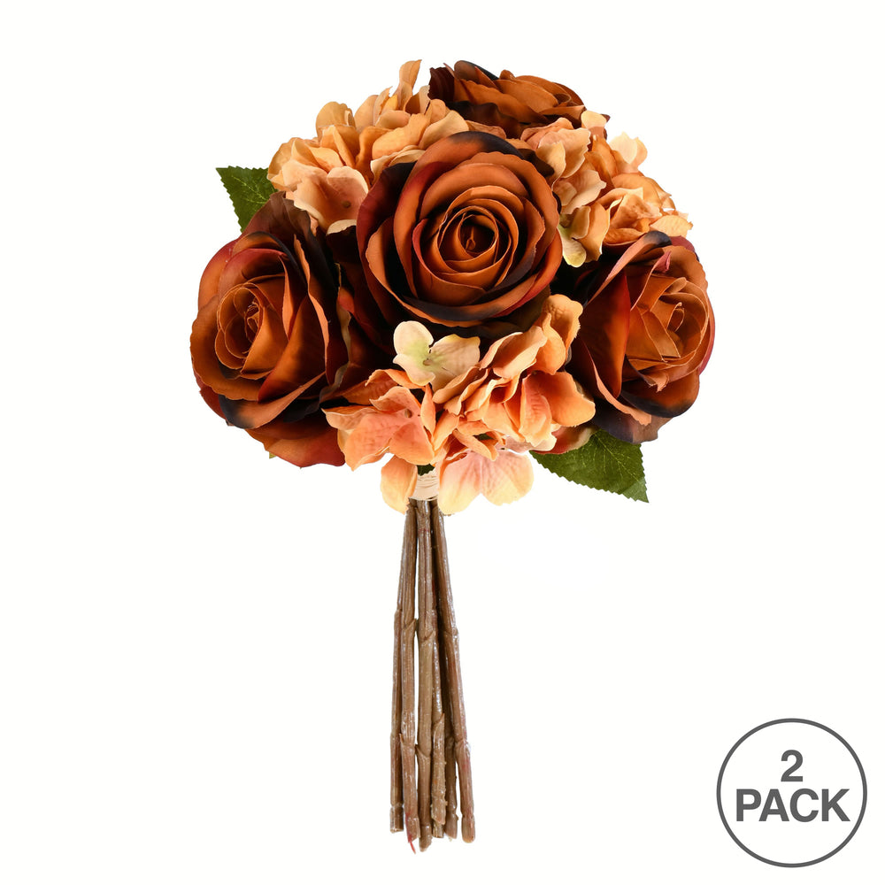 Vickerman 13" Artificial Brown Rose and Hydrangea Bouquet Pack of 2