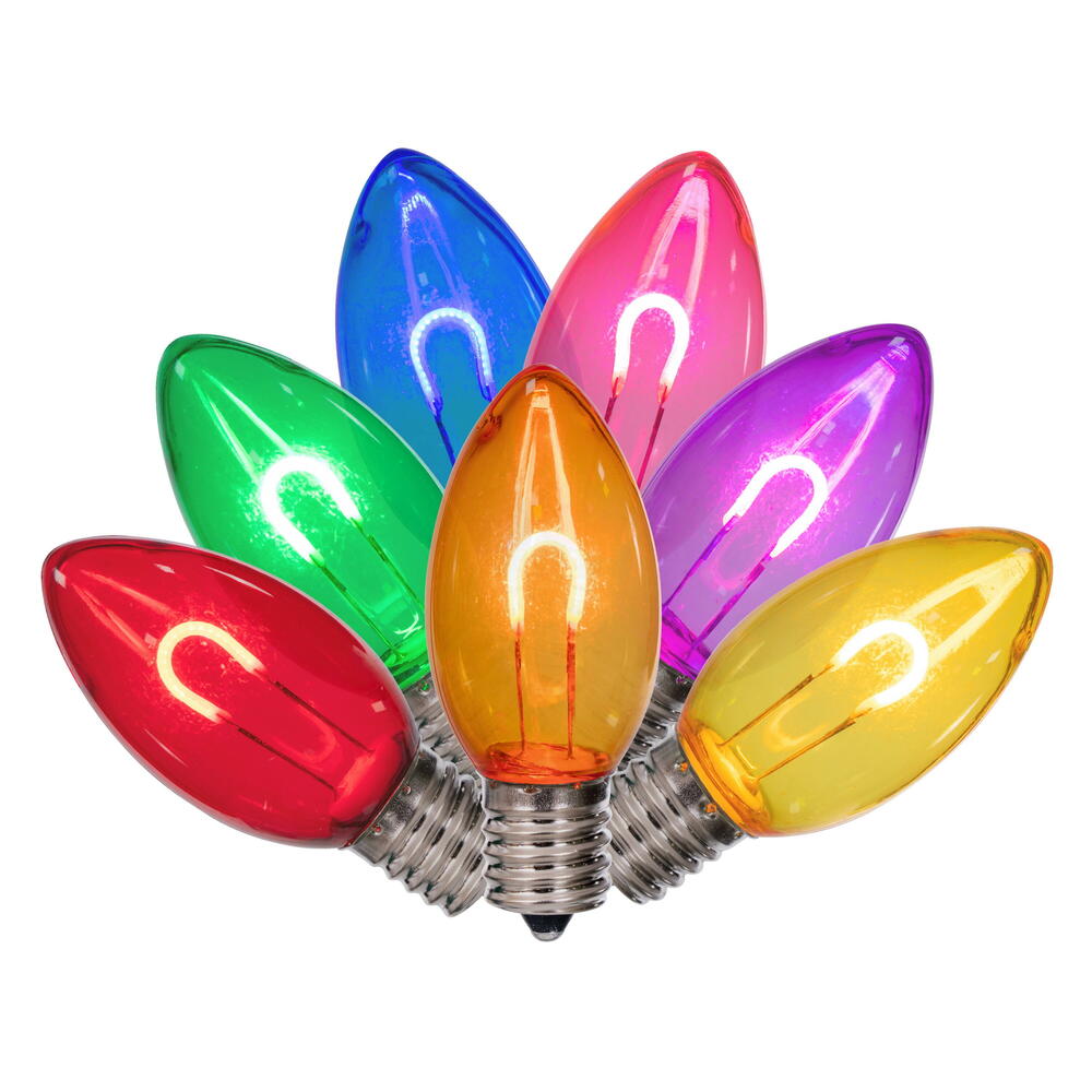 Vickerman C9 Transparent U-Shaped Filament Multi Bulb, E17 Base, .6 Watts, 25 Pcs Assorted/Bag. Colors included are Blue, Red, Green, Purple and Amber.