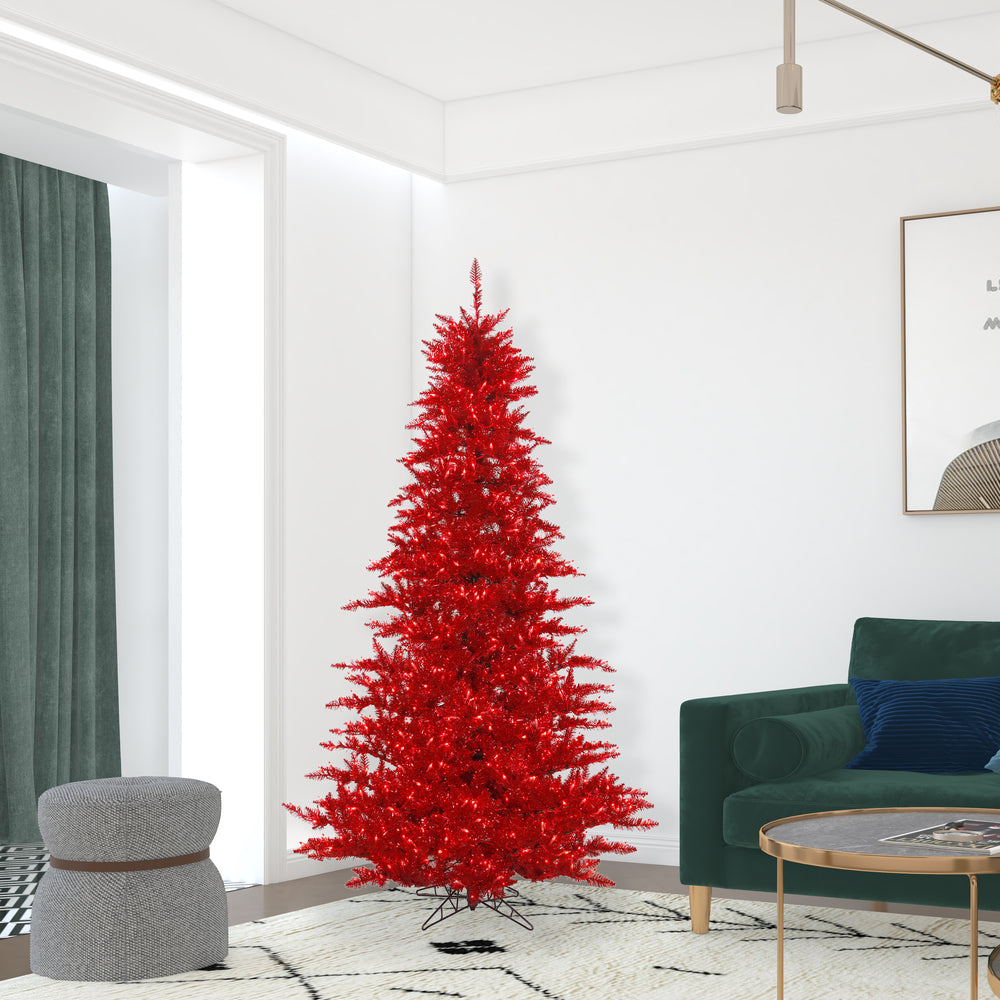 Vickerman 7.5' Tinsel Red Fir Artificial Christmas Tree Red Dura-lit LED Lights