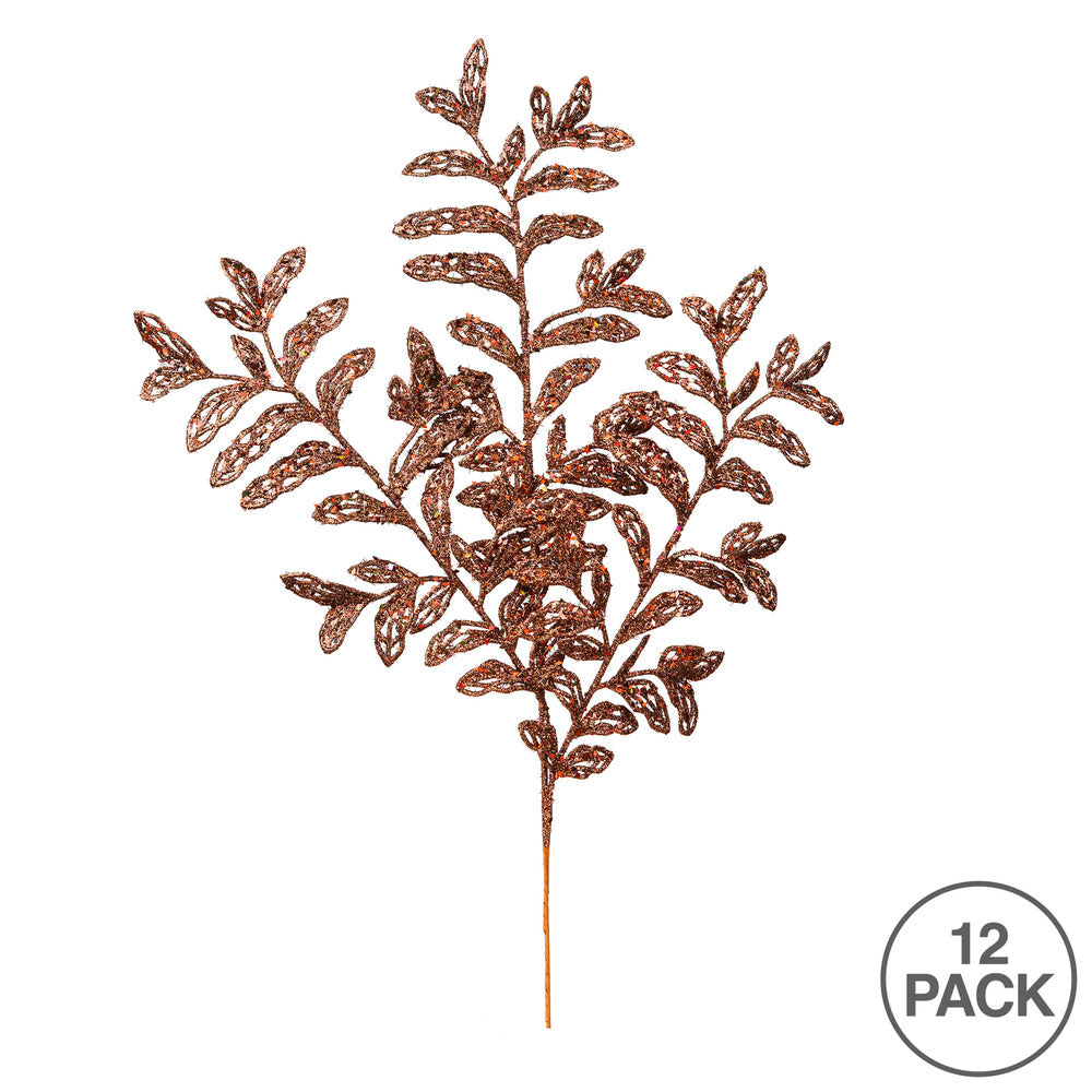 Vickerman 22" Chocolate Bipinnate Glitter Leaf Artificial Christmas Spray. Includes 12 sprays per pack.