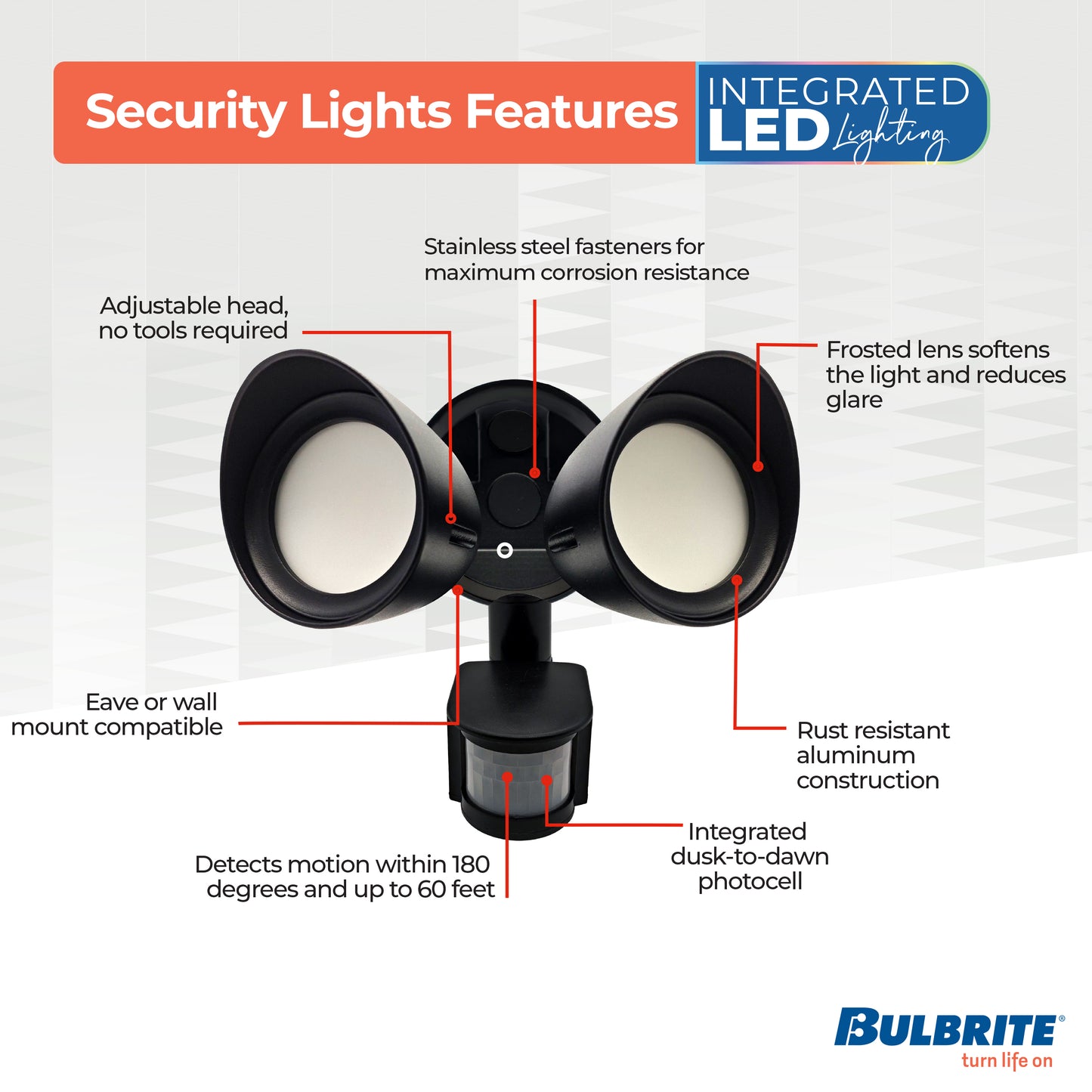 Bulbrite 773703 Motion Sensor / Dusk-To-Dawn Wired Outdoor 2-Head LED Security Flood Light, Black