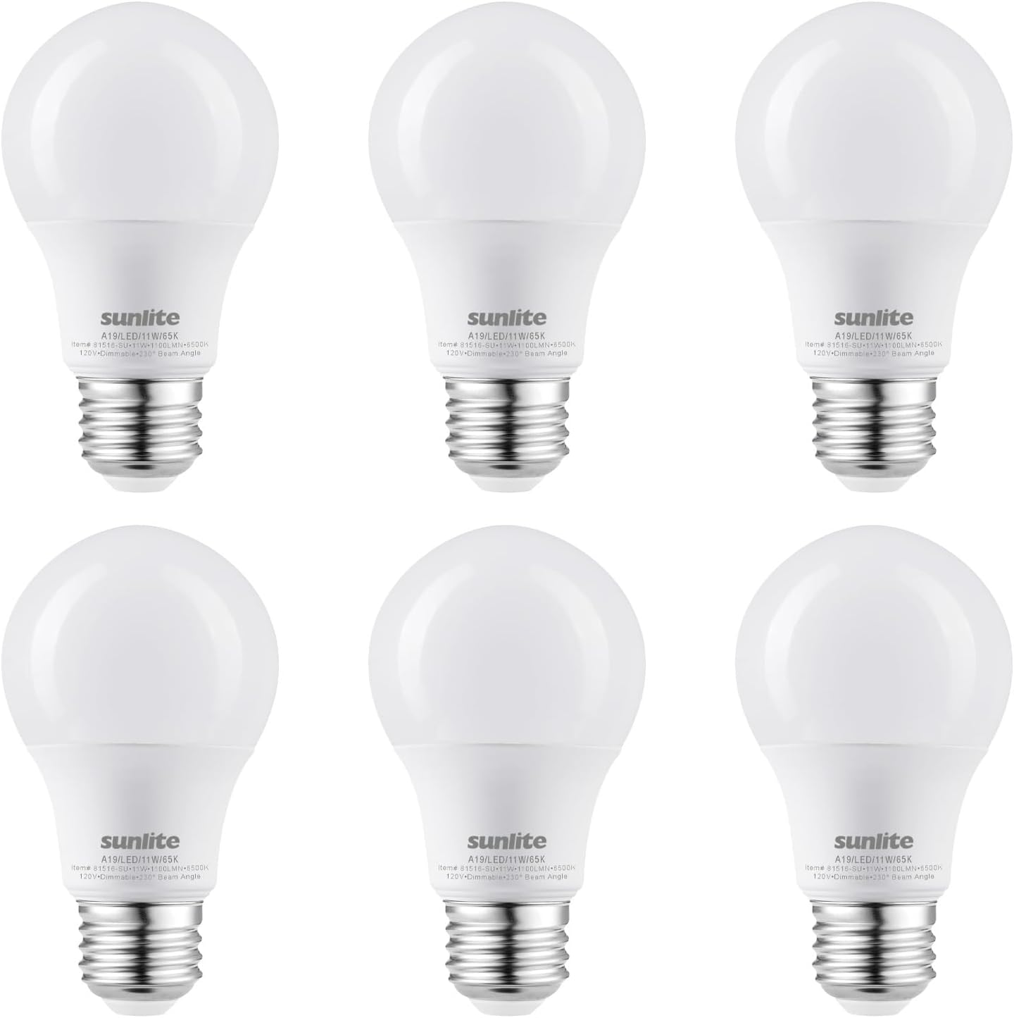 Sunlite 81516 LED A19 Light Bulb, 11 Watts (75W Equivalent), 1100 Lmns, 120V, Dimmable, Medium E26 Base, Energy Star, 90 CRI, 230 Degree Beam Angle, UL Listed, Title-20 Compliant, 6500K Daylight, 6 Pack