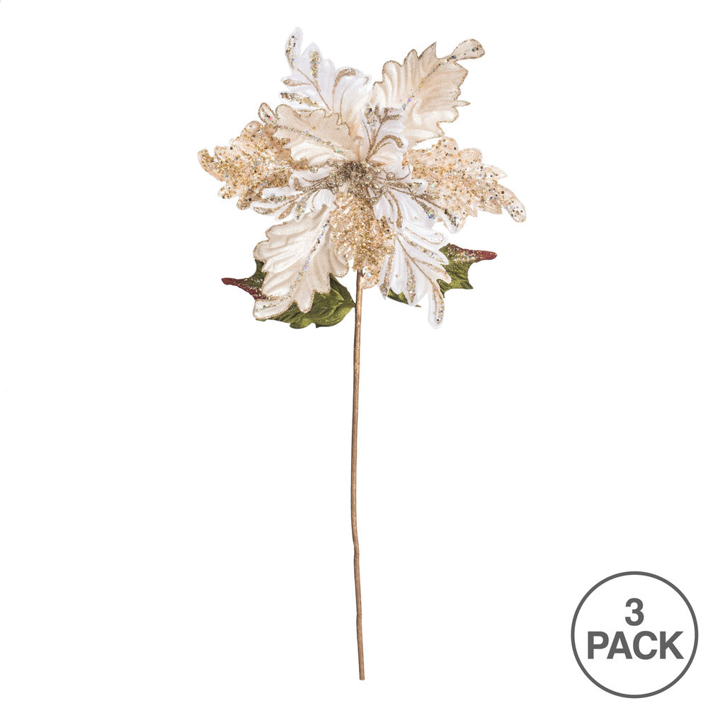 Vickerman 20" Gold Glitter Poinsettia Artificial Christmas Stem Pack of 3