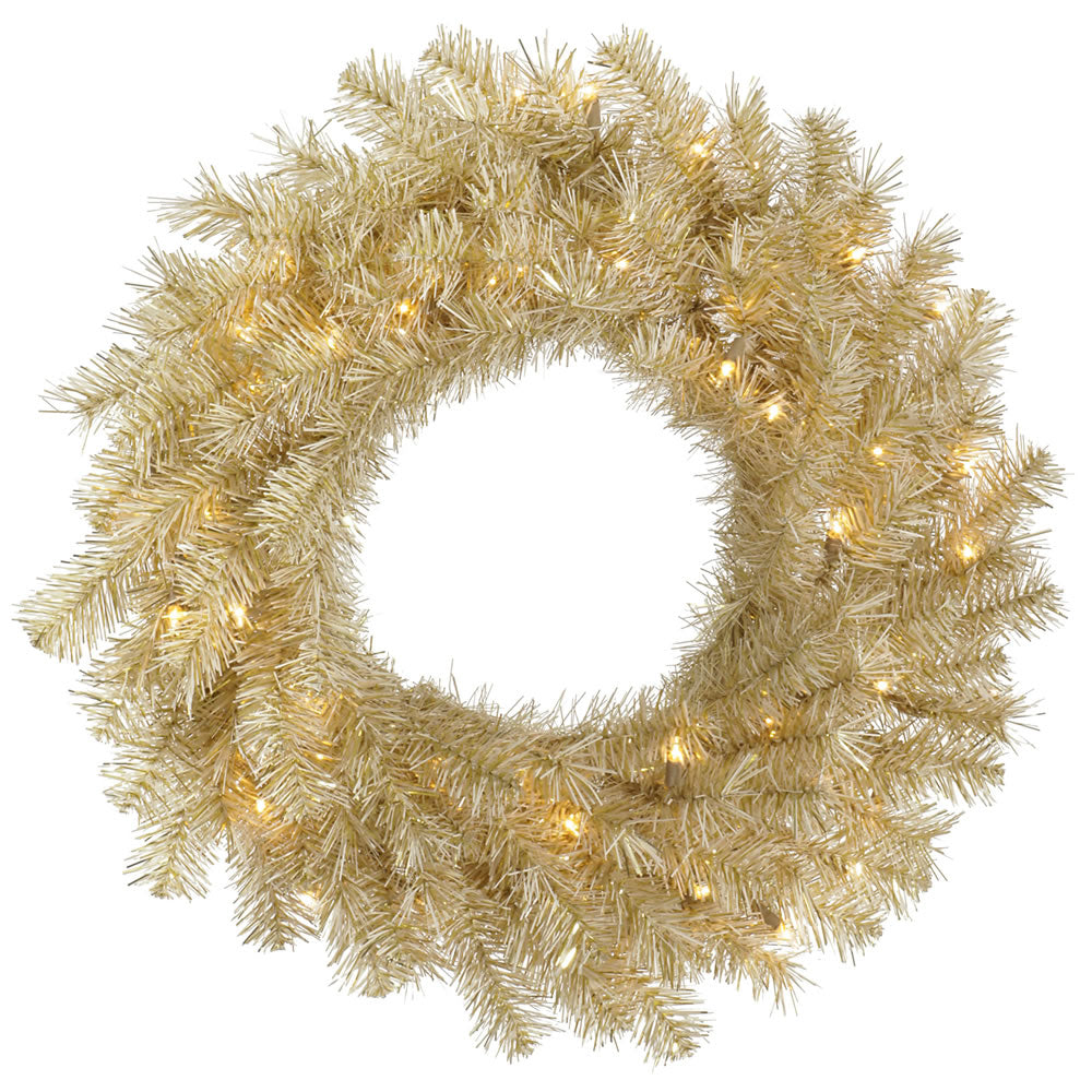 Vickerman 24" White and Gold Tinsel Artificial Christmas Wreath Warm White Dura-lit LED Lights