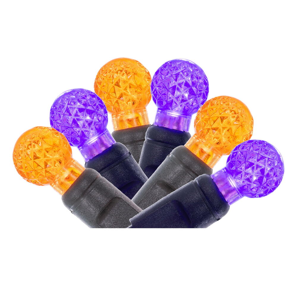 Vickerman 50 Orange-Purple G12 Single Mold End-Connecting LED Light Set with 22 Gauge Black Wire, 3"x 4"x 3" Spacing, 16' Long Christmas Light Strand. This light set has the ability to connect to as many as 45 sets. 4.8 watts, .04 Amps. Color Header Card