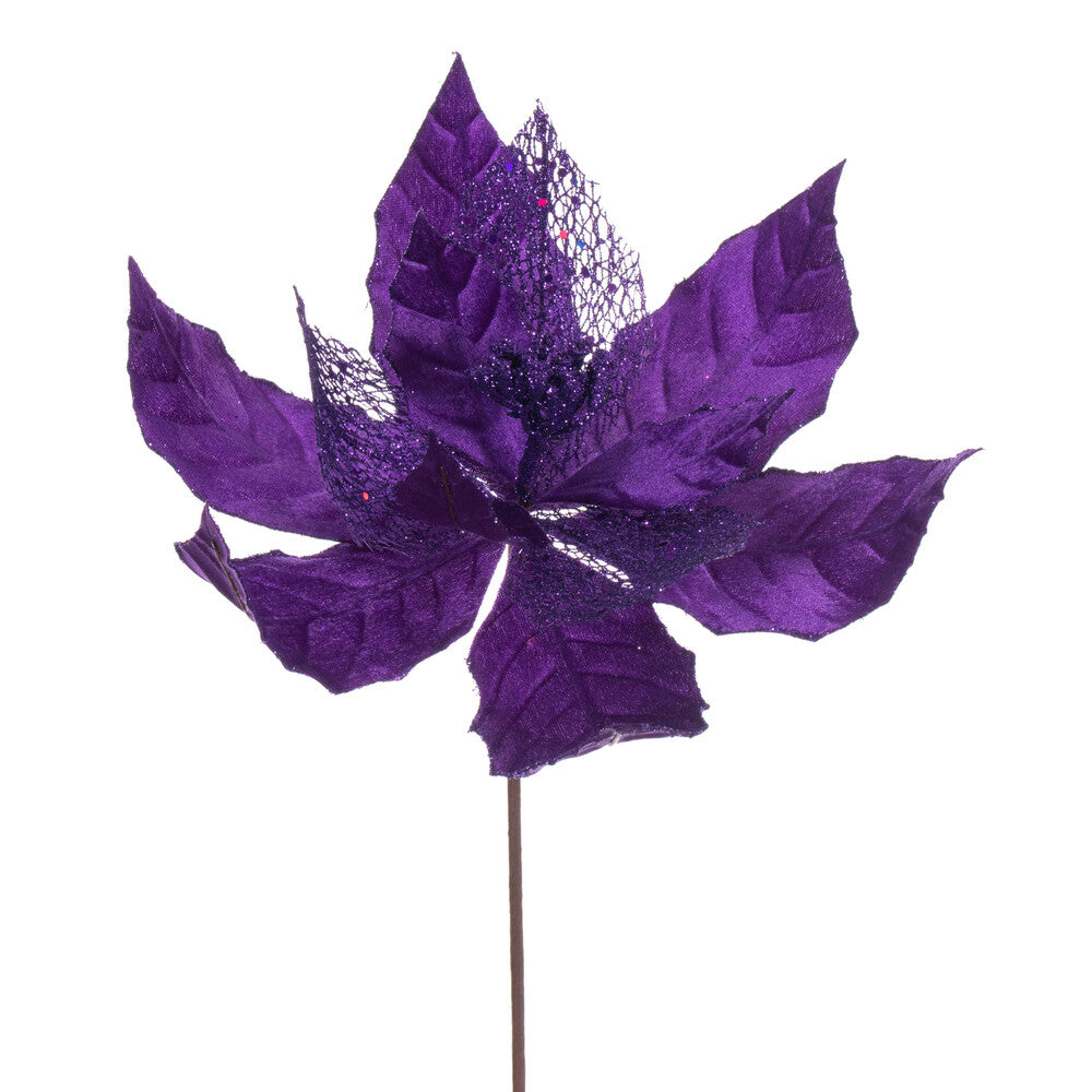 Vickerman 11" Purple Velvet and Glitter Mesh Poinsettia Flower on Stem 6 per bag.