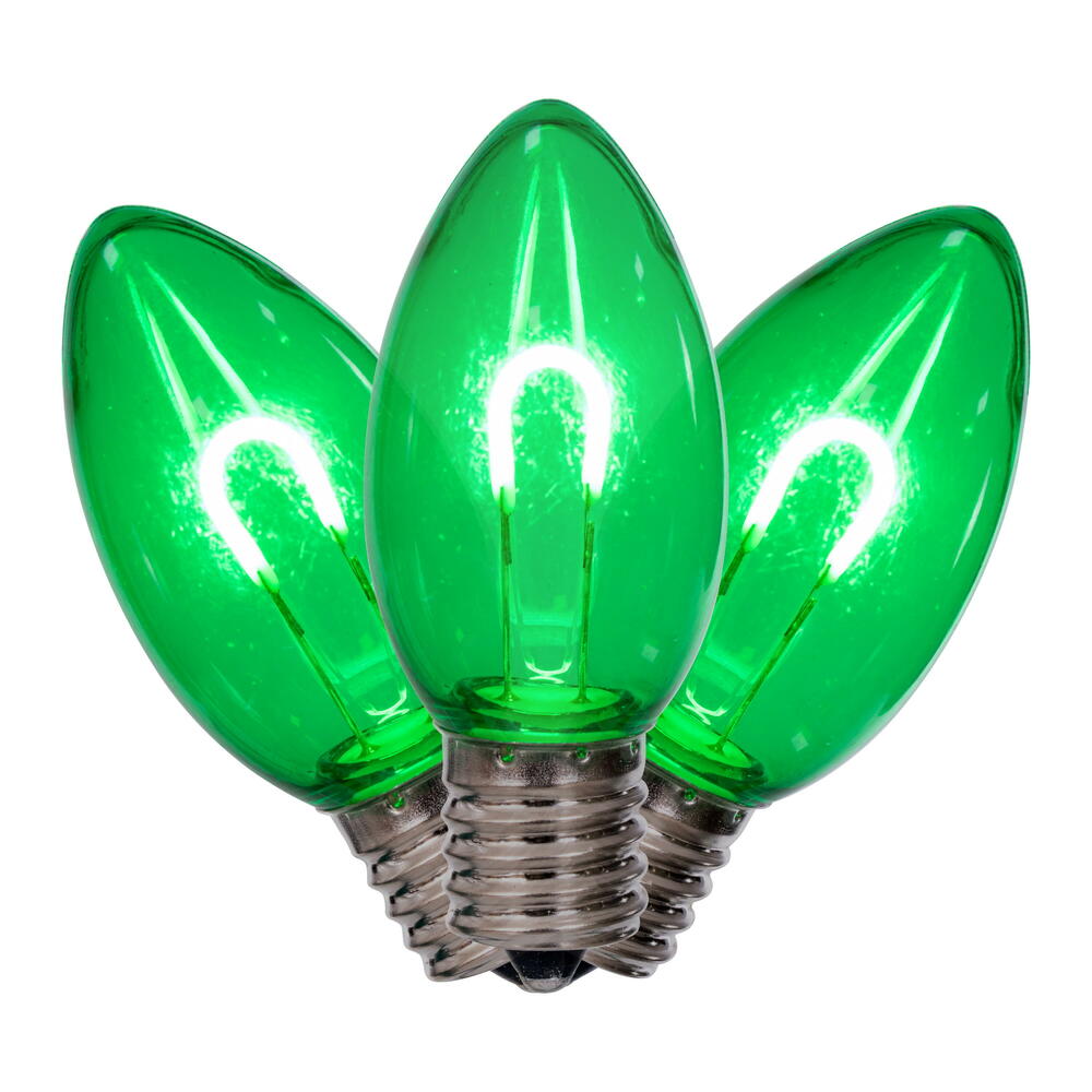 Vickerman C9 Transparent U-Shaped Filament Green Bulb, E17 Base, .6 Watts, 25 Pcs Assorted/Bag. Colors included are Blue, Red, Green, Purple and Amber.