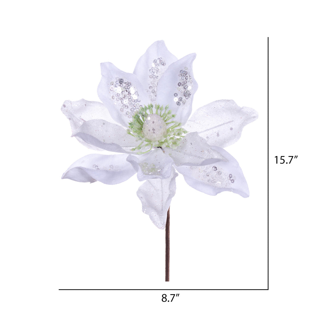 Vickerman 15" Artificial White Deluxe Magnolia Christmas Stem 8" Flower 6 per bag