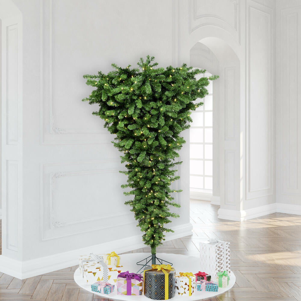 Vickerman 7.5' Green Upside Down Artificial Christmas Tree Warm White LED Dura-lit Lights
