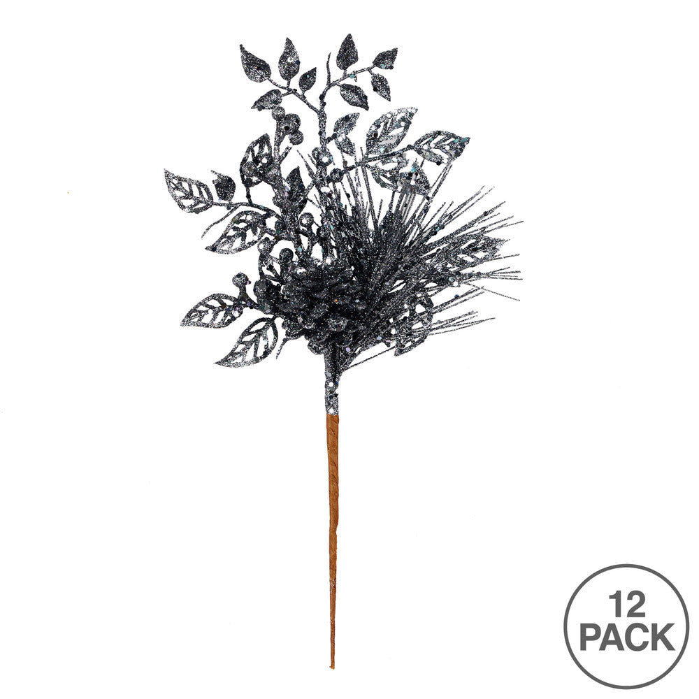 Vickerman 10" Gunmetal Pinecone Glitter Leaf Artificial Christmas Pick 12 per Bag