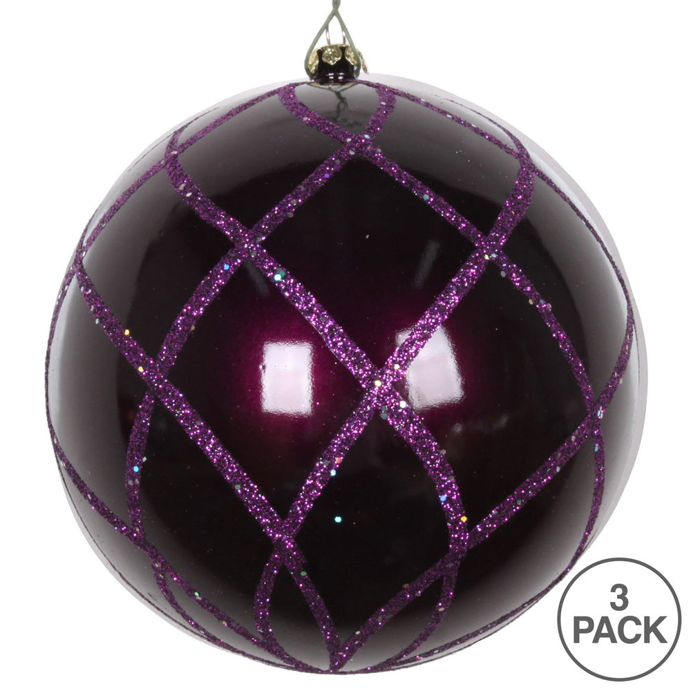 Vickerman 4.75" Plum Candy Finish Net Ball Ornament with Glitter Accents 3 per Bag