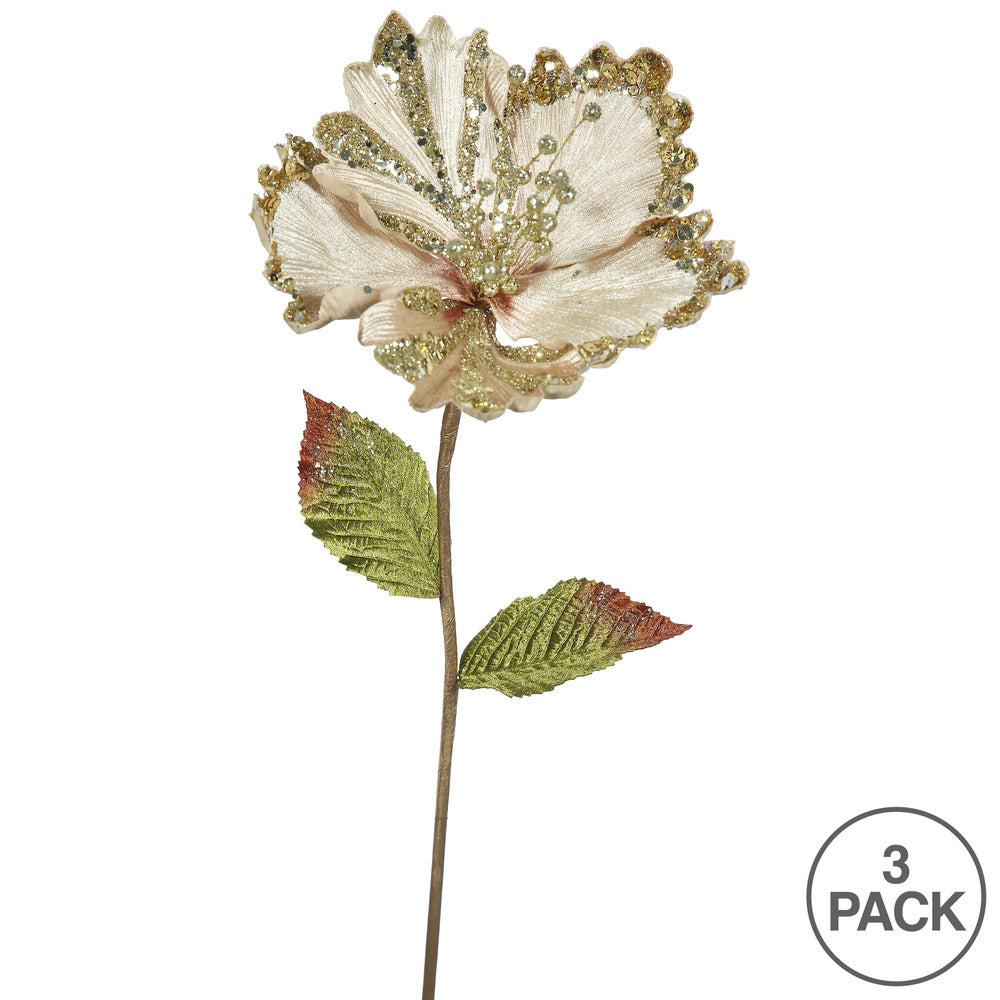 Vickerman 23" Champagne Hibiscus Artificial Christmas Pick 3 per Bag