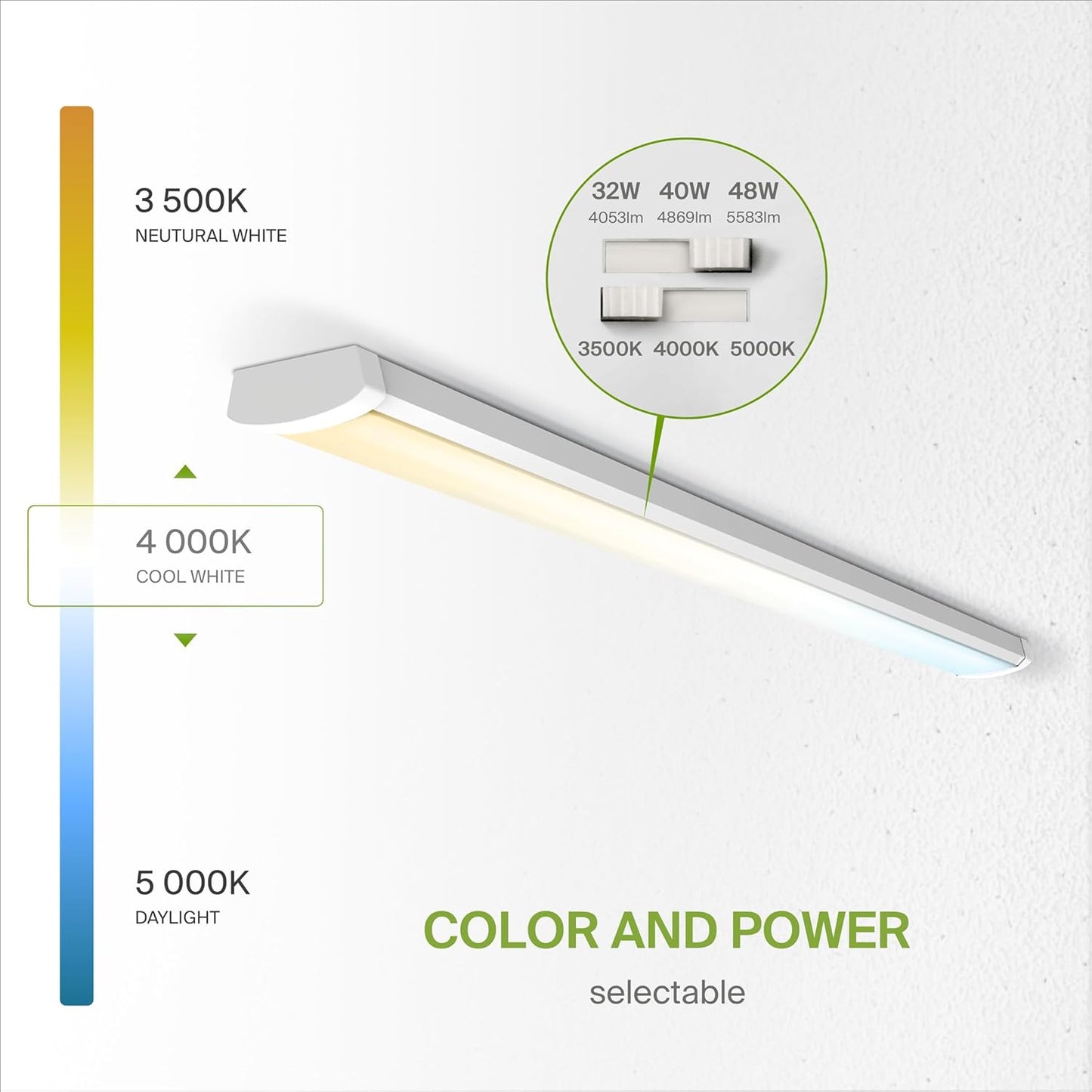 ASD Lighting LED Wrap Fixture 4ft 32/40/48W 120-277V 0-10V Dimmable 120Lm/W 3500/4000/5000K White UL DLC Standard