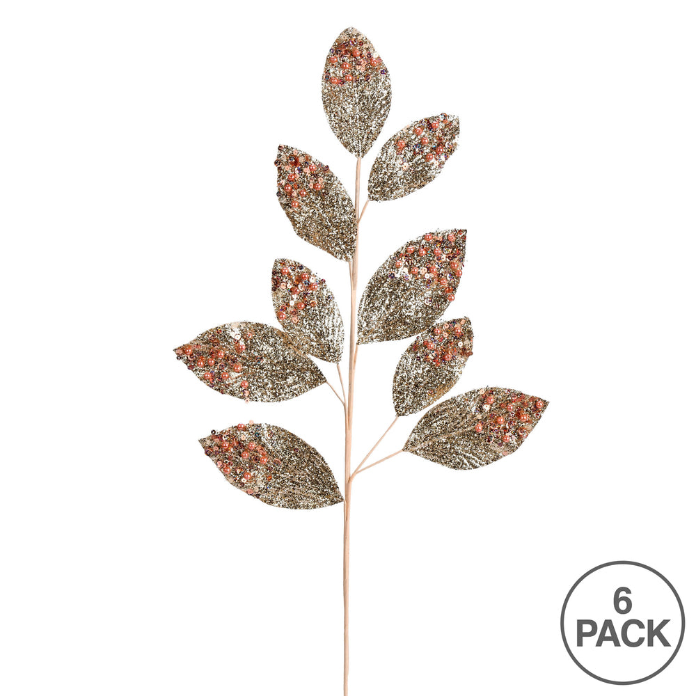 Vickerman 29" Champagne Glitter Leaf Artificial Christmas Spray. Includes 6 sprays per pack.