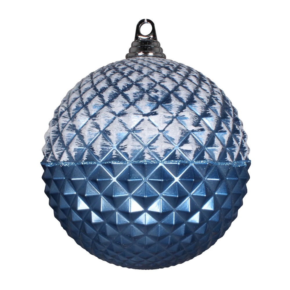 Vickerman 10" Periwinkle Glitter Candy Durian Ball Ornament. This durian ball features a candy finish and a beveld texture with white and glitter accents.